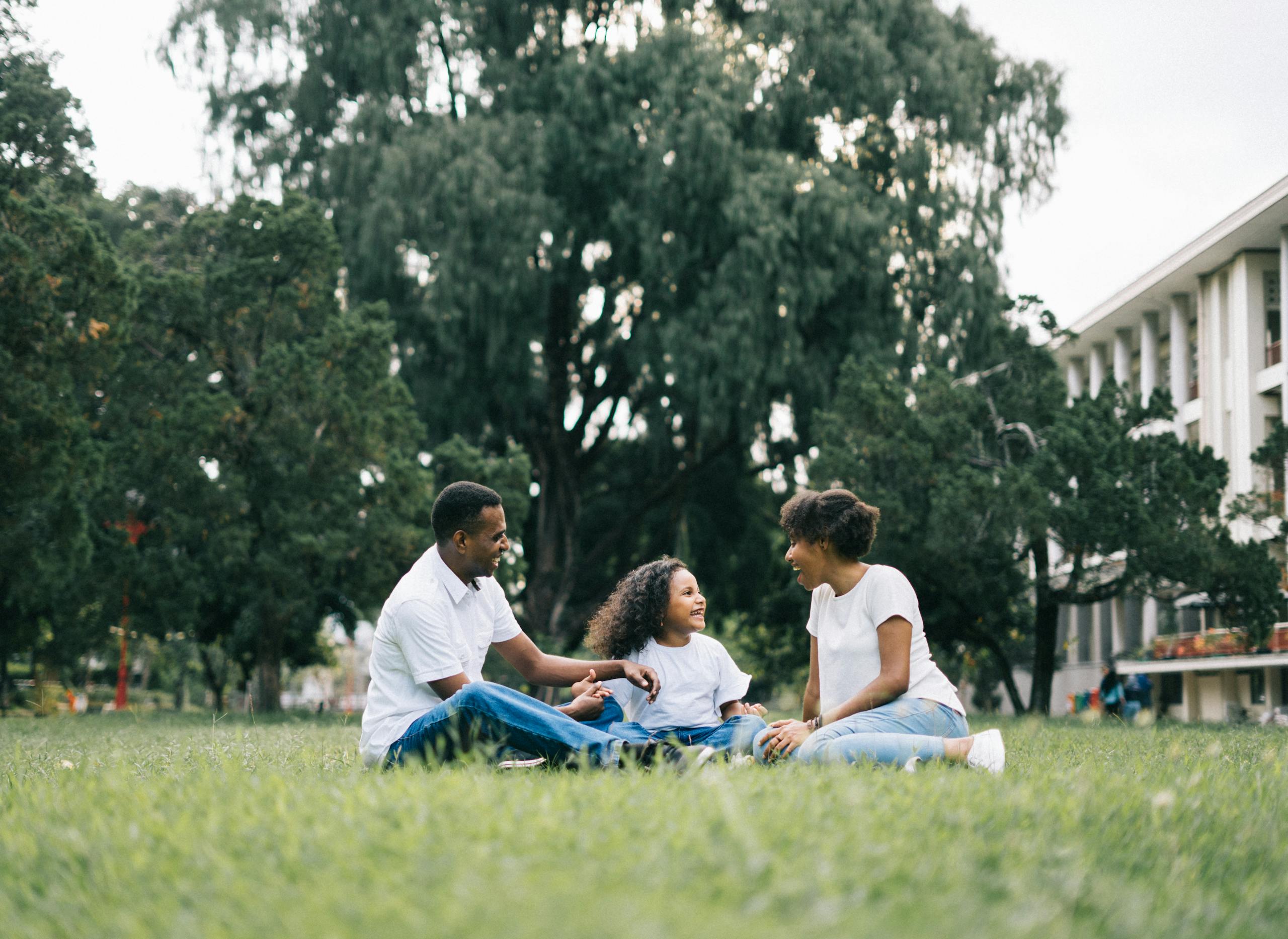 Labor day activities | Motherhues Black Family Sitting on Lawn having picnic for labor day