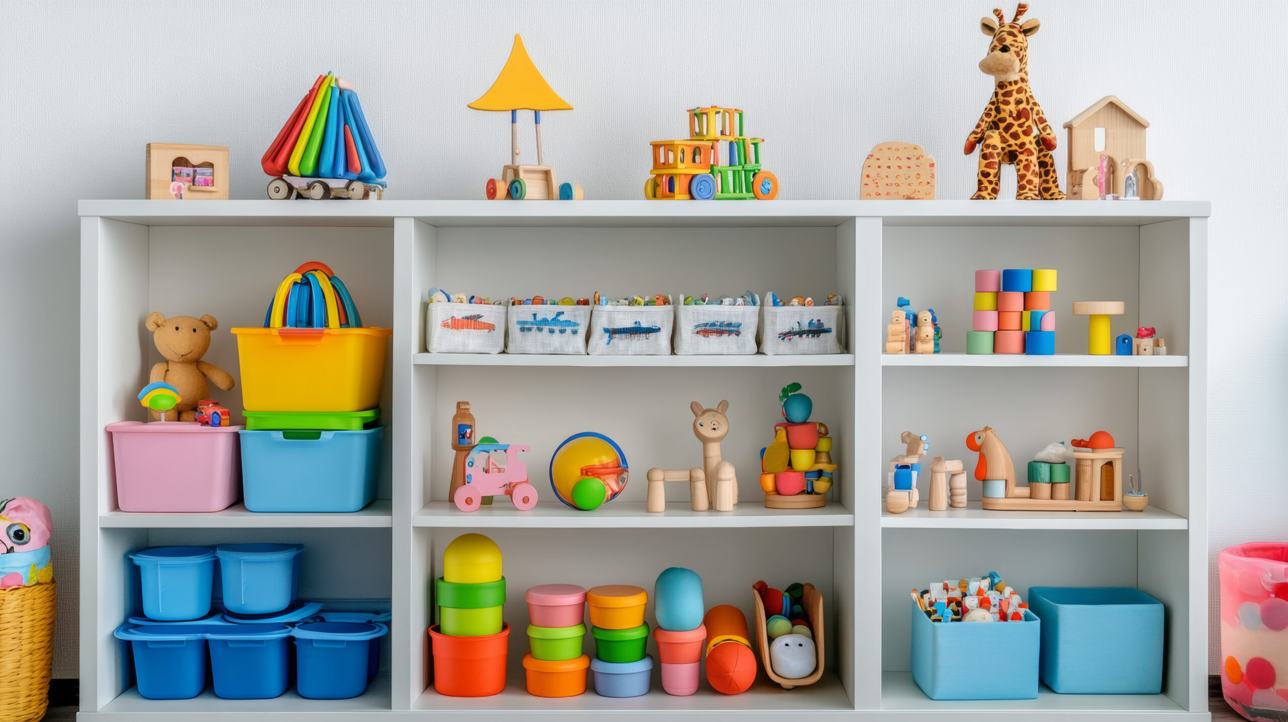 A white bookshelf filled with colorful wooden toys and storage containers This is a great example of how to organize and store things in a nursery | Motherhues A white bookshelf filled with colorful wooden toys and storage containers This is a great example of how to organize and store things in a nursery