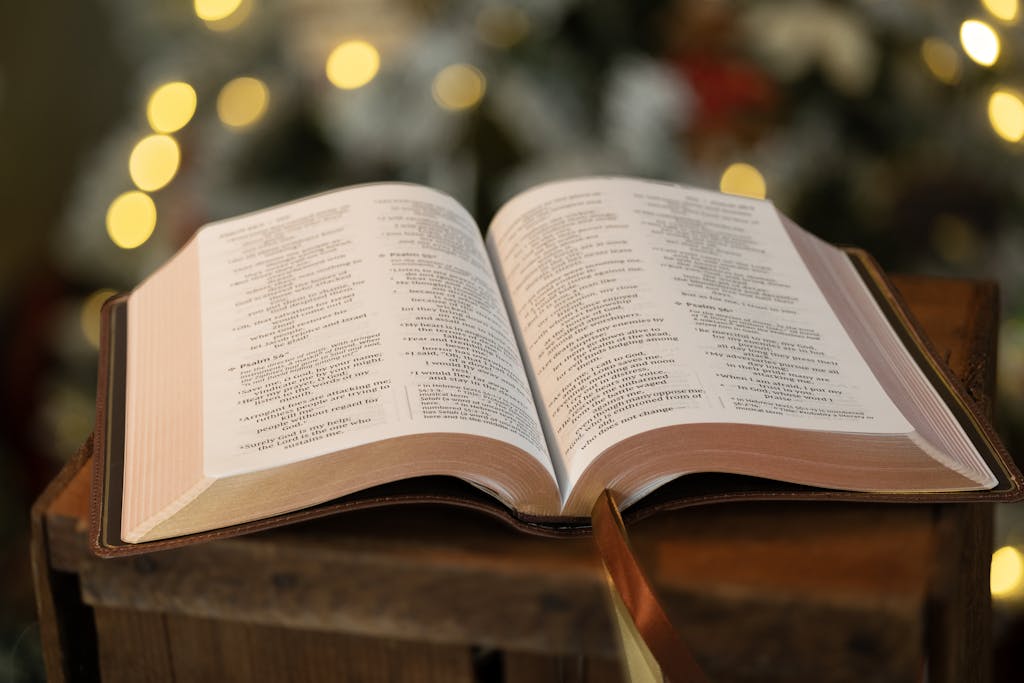 Photo by Owenoutdoors | Motherhues Open Bible resting on wooden surface with blurred festive background lights.