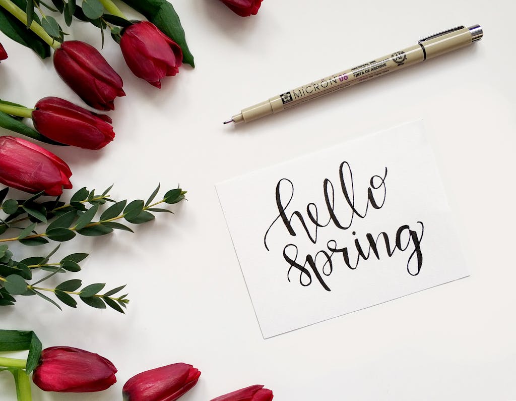 Photo by Alena Koval | Motherhues Close-up of red tulips beside a hand-lettered 'hello spring' card on white background. Spring Time.