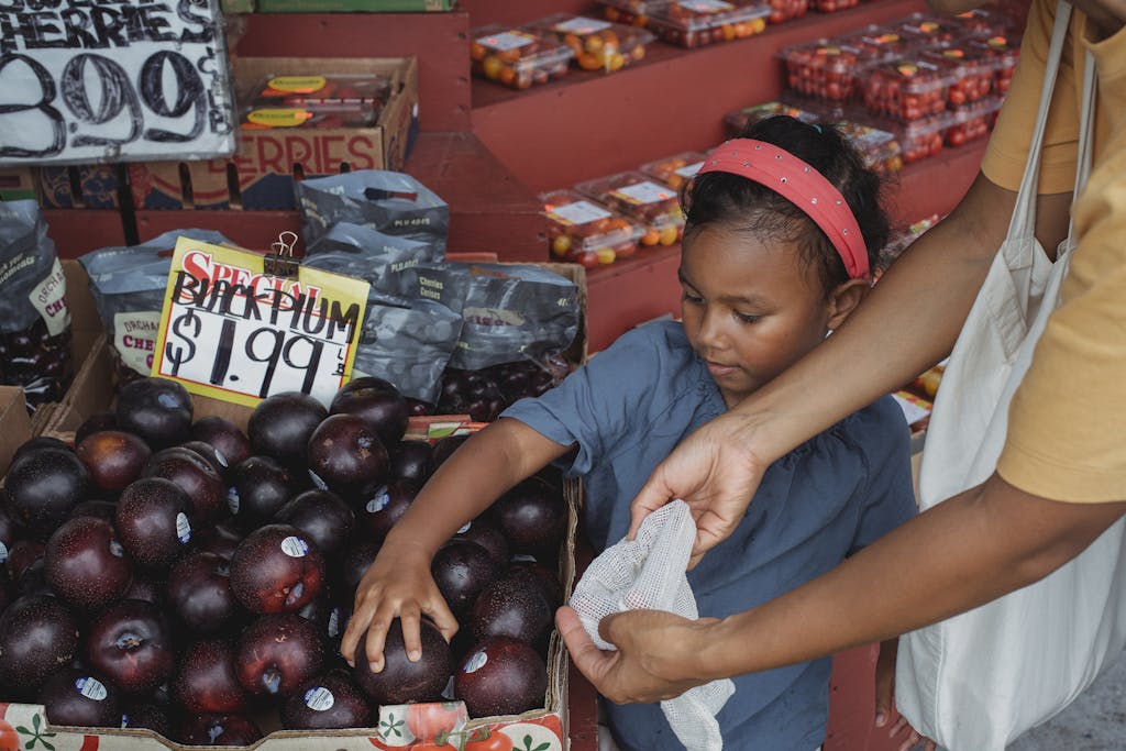 Photo by Kamaji Ogino | Motherhues High angle of Asian mother and daughter picking ripe black plum in eco friendly shopping bag at food street bazaar