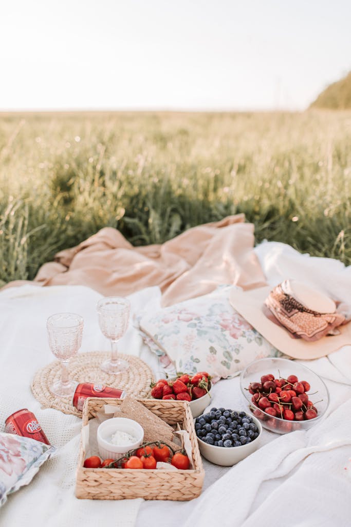 Photo by Vlada Karpovich | Motherhues A serene summer picnic setup with fresh fruits and a blanket in a lush green field.